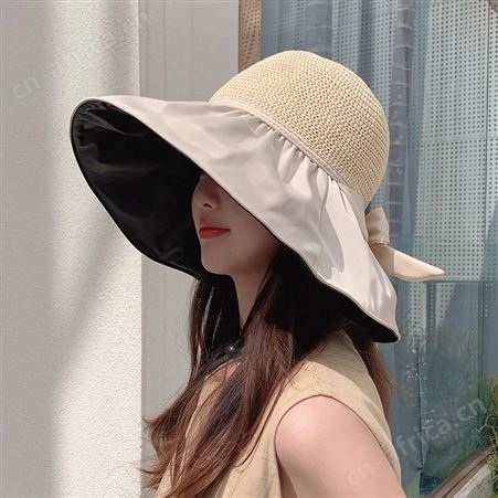 黑胶沙滩帽遮阳帽女夏季镂空紫外线大檐遮脸防晒太阳渔夫帽子46