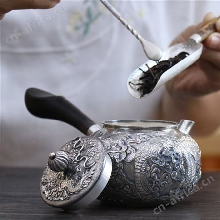 浮雕龙侧把泡茶银壶999纯银功夫烧水煮茶茶具高档纯手工足银茶壶